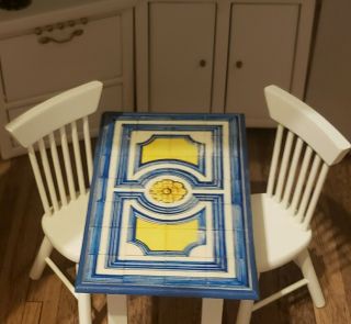 Dollhouse Miniature 1:12 Tile Look Kitchen Table With Two Chairs
