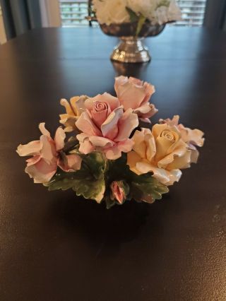 Vintage Nuova Capodimonte Porcelain Rose Floral Centerpiece Italy Flowers Basket