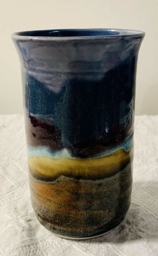 Blue,  Brown Stoneware Pottery Handmade Bonnema Art Pottery Vase Bath Maine
