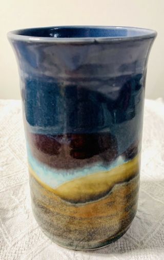 Blue,  Brown Stoneware Pottery Handmade BONNEMA Art Pottery Vase Bath Maine 2