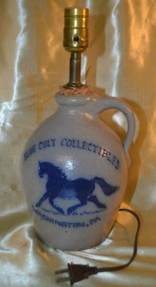 Rockdale Union Stoneware Pottery Jug Electric Lamp " Blue Colt Collectibles " 9 "