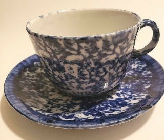 Vintage Large Pottery Cobalt Flow Blue & White Spongeware Cup & Saucer Mush Cup