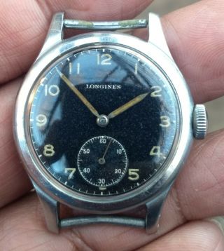 Vintage 1940s Longines Black Radium Dial Wristwatch.  Cal.  12.  68z.  33mm Case.