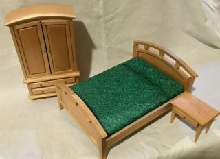 Vintage Dollhouse Miniatures Green Bedroom Set With Wardrobe,  Nightstand And Bed