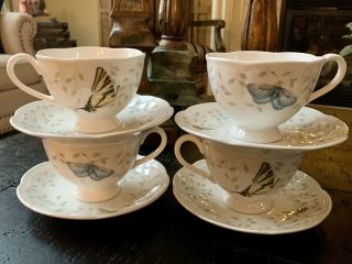 Set Of 4 Lenox Butterfly Meadow Footed Cup And Saucers Set