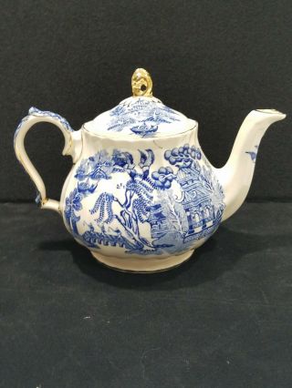 VINTAGE SADLER England “Blue Willow” Teapot,  Blue White Gold Trim 3