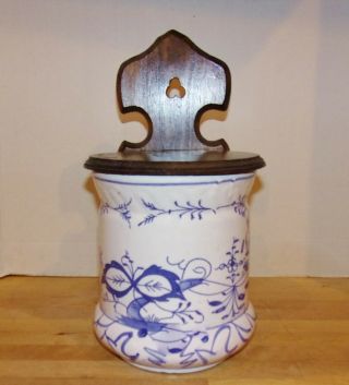 Meissen Blue Onion Pattern Hanging/countertop Stoneware & Walnut Wood Saltbox