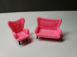 Vintage Dollhouse Furniture Miniature Pink Mid Century Sofa And Chair
