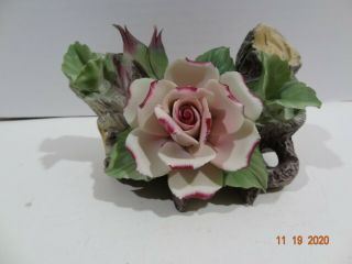 Vintage Capodimonte Italy Porcelain Aita White Pink Rose On A Log Figurine 6 "