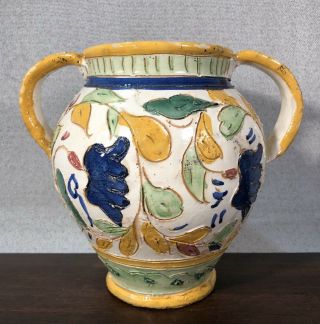 Vintage Hand Engraved & Painted Italian Art Pottery Vase Urn Large 6.  5” Tall