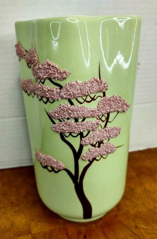 Weil Ware Vtg California Pottery Green Ming Tree Raised Textured Leaves 8 " Vase