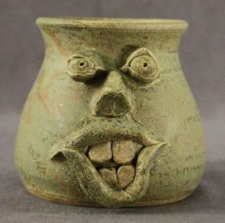 Vintage Hand Crafted Studio Art Pottery Folk Art Character Face Mug Short 1999