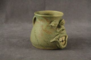 Vintage Hand Crafted Studio Art Pottery Folk Art Character Face Mug Short 1999 2