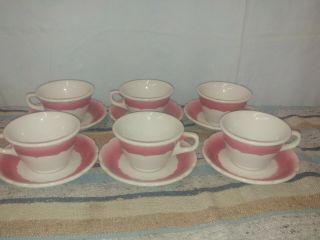 6 Vintage Cups And Saucers Jackson China Restaurant Ware Red Air Brushed