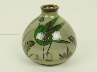 Ken Edwards Tonala Mexico Pottery Green Vase Green Bird Flowers Butterfly 5 Inch