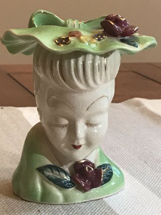 Vintage Acme Ware Lady Head Vase Green Hat With Flowers Bow And Gold Accents