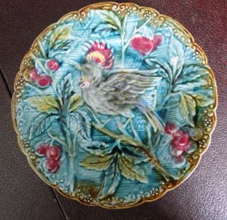 8 1/2 " Majolica Plate With A Bird And Cherries