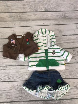 Build A Bear Girl Scout Cookie 3 Pc Outfit Green/white Hoodie & Denim Skirt
