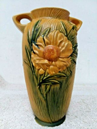 Roseville U.  S.  A.  Pottery Vase 67 - 12 Peony Flower Two Handled Vase - Chipped