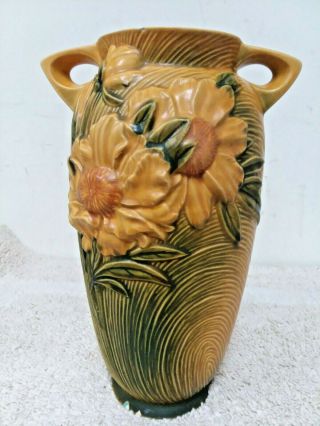 ROSEVILLE U.  S.  A.  Pottery Vase 67 - 12 Peony Flower Two Handled Vase - chipped 2