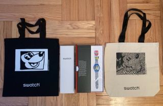 2 Disney X Keith Haring Swatch Watch’s With 2 Reusable Tote Bag And Stickers.