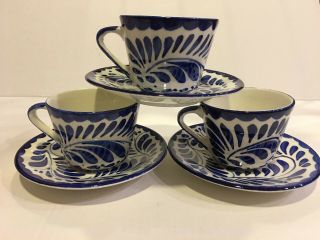 (3) Puebla Blue Anfora Mexico Hand - Painted Cups & Saucers