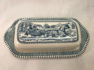Vintage Currier And Ives Royal China Blue Covered Butter Dish " The Road - Winter "