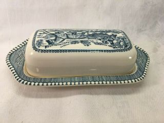 Vintage Currier and Ives Royal China Blue Covered Butter Dish 