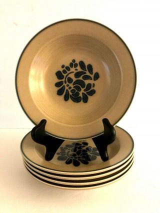Pfaltzgraff Folk Art - Rimmed Soup Bowls Tan W Blue Floral - 8 1/2 " (set Of 5)