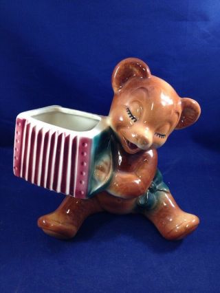 Vintage Teddy Bear Playing Accordion Figurine Royal Copley Flower Planter Vase