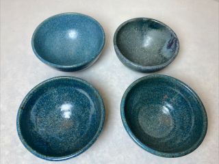 (4) Vintage Small Blue Glaze Hand Thrown Pottery Bowls Signed “young”