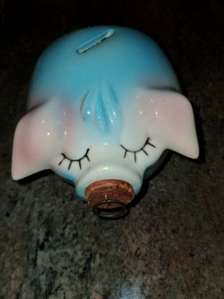 Vintage 1957 Corky Pig Hull Pottery U.  S.  A.  Pink/ Blue Piggy Bank Cork