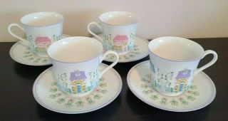 The Lenox Village Fine Porcelain Set Of 4 Teacups & Saucers 1998