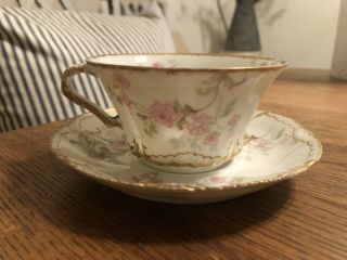 Antique Theodore Haviland Limoges Tea Cup/saucer W/ Pink Flowers & Scrolls