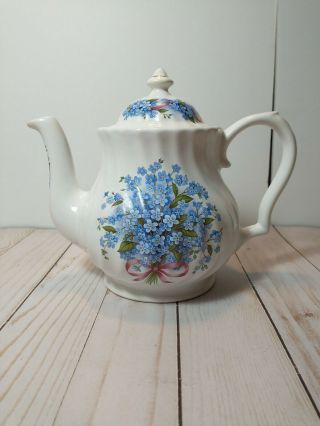 Crown Heritage Made In England Vintage Teapot Blue Flowers Tied With Ribbon