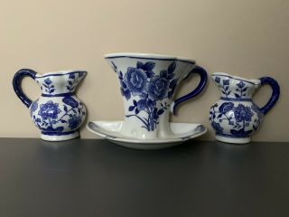 3 Formalities By Baum Bros Blue & White Wall Pocket Vases China