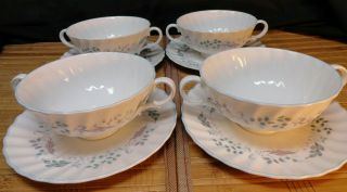 Royal Doulton Glen Auldyn Two Handled Soup Cups And Saucers,  Set Of 4,