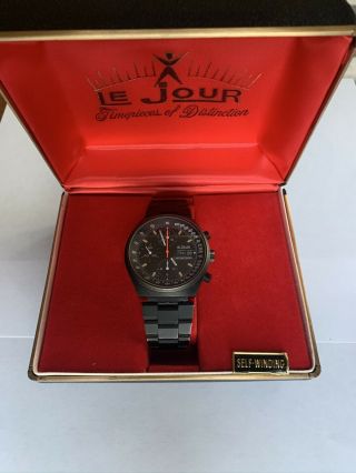 Vintage Black Steel Lejour Valjoux 7750 Automatic Day Date Chronograph 7000