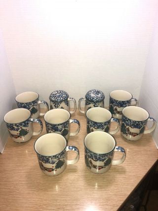 (8) Folk Craft By Tienshan " Cabin In The Snow " Coffee Cups Mugs,  S&p - Euc