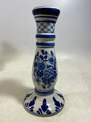 Candlestick Candle Holder Blue White Flowers 9.  5 " Tall