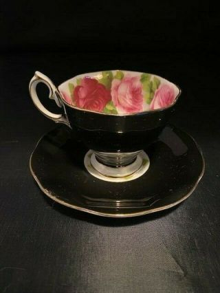 Royal Albert Black Old English Rose Tea Cup And Saucer W/ Pink Red Roses