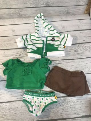Build A Bear Girl Scout Cookie 4 Pc Outfit Green/white Hoodie & Brown Skirt