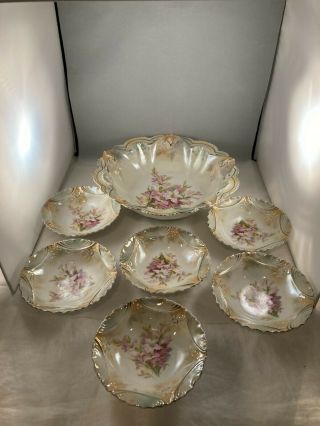 Set Of 6 Berry Bowls & Serving Bowl,  R.  S.  Prussia,  Flowers,  Daylillies,  Gold
