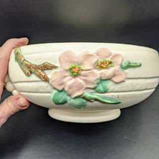 Vintage Weller Pottery Dogwood Bowl Matte White Pink Flowers Hand Painted 3