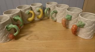 Set Of 8 Fitz & Floyd Kitchen Harvest Vegetable Mugs Basketweave Garden Theme