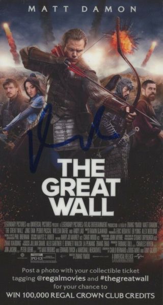 Matt Damon Signed " The Great Wall " Collectible Movie Ticket