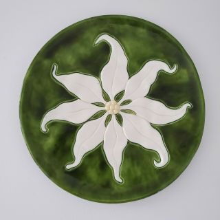 Vintage Art Pottery Flower Plate Green White Flower 10 " Marked Lh