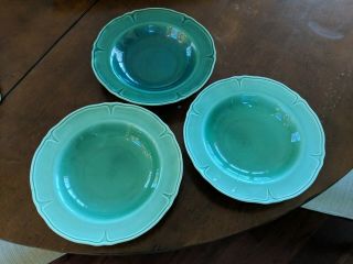 Vintage Mount Clemens Pottery Green Petalware 3 Lg Soup Bowls