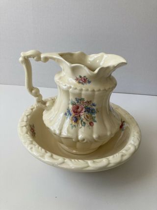 Vintage California Pottery Floral Pitcher And Basin Bowl Wash Stand Set