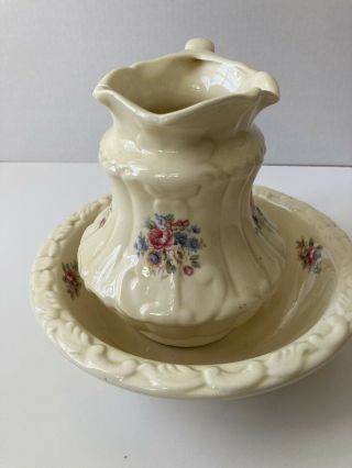 Vintage California Pottery Floral Pitcher and Basin Bowl Wash Stand Set 2
